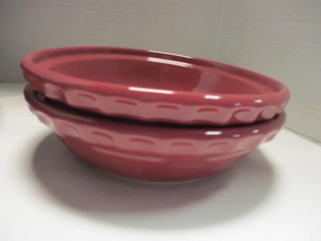 2 Longaberger Pottery "Woven Traditions" Paprika Red Bowls and 2 Eggplant - 2