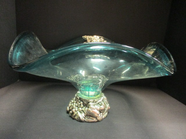 Vintage Italian Glass Centerpiece Bowl with Silverplated Base: 14" x 15" x 9", has been repaired