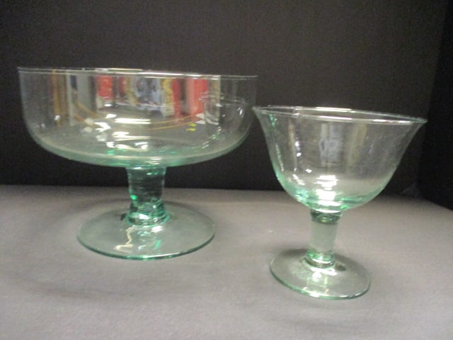 2 Handblown Green Glass Pedestal Compotes: 5" x 5 1/4" and 8" x 6 1/4"