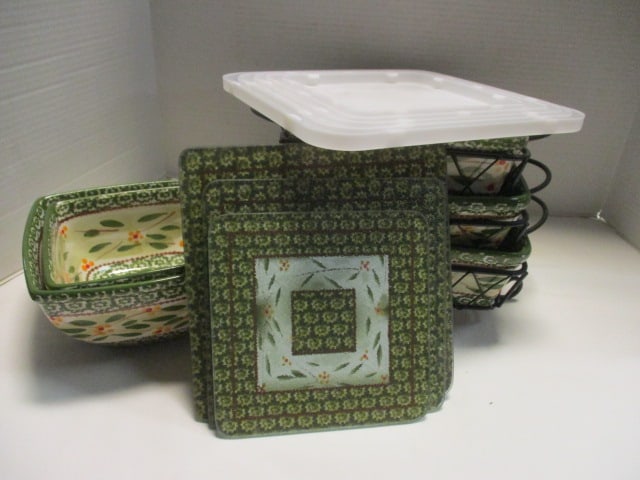 Temp-tations "Old World" Green" Stoneware Pottery Bowls, Metal Holders,: Lids, and Trivets, 6" x 6" to 10" x 10"