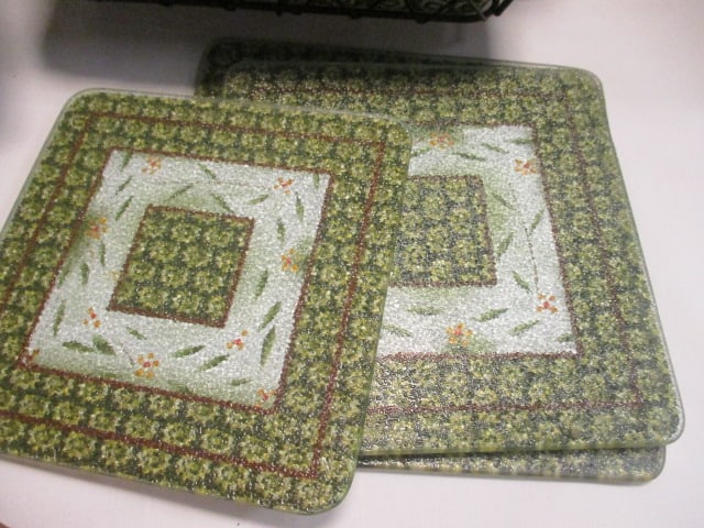 Temp-tations "Old World" Green" Stoneware Pottery Bowls, Metal Holders, - 2