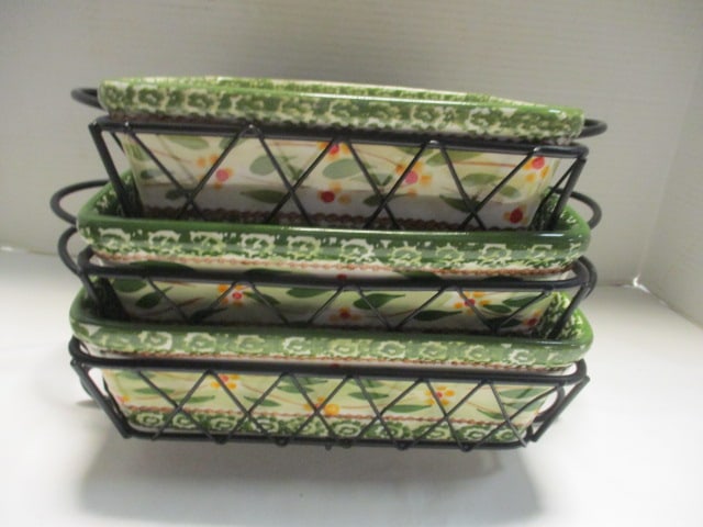 Temp-tations "Old World" Green" Stoneware Pottery Bowls, Metal Holders, - 3