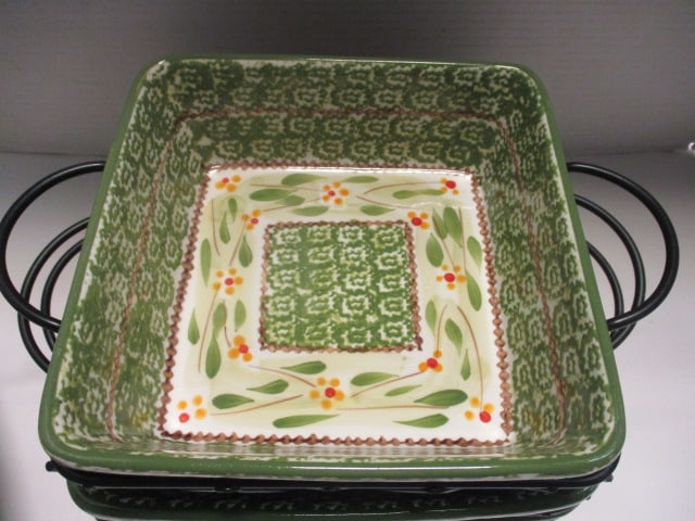 Temp-tations "Old World" Green" Stoneware Pottery Bowls, Metal Holders, - 4