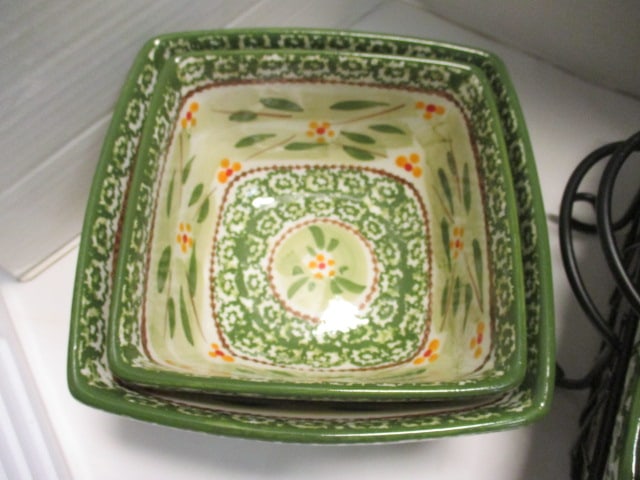 Temp-tations "Old World" Green" Stoneware Pottery Bowls, Metal Holders, - 6