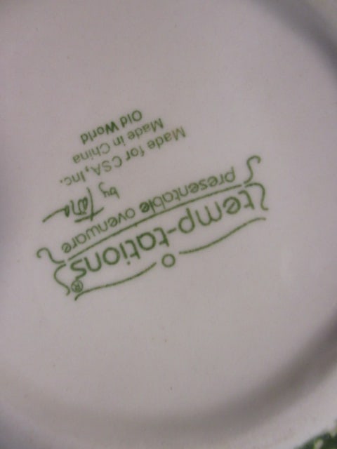 Temp-tations "Old World" Green" Stoneware Pottery Bowls, Metal Holders, - 8