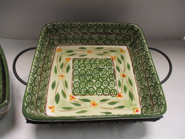 Temp-tations "Old World" Green" Stoneware Pottery Bowls, Metal Holders, - 9