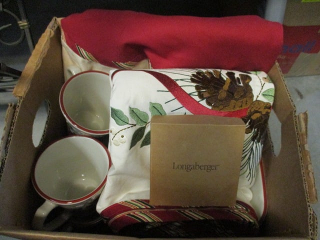 Longaberger Pottery "Natures Garland" Christmas Plates, Cups, Bowl,: Square Baking Dish, Coasters, Table Runner, and Tree Skirt, (4) 4 1/2" cup, (4) 9" plate, (1) 5" x 5" x 2 1/2" bowl, and (1) 9 1/2" x 9 1/2" x 3 3/4" baking dish