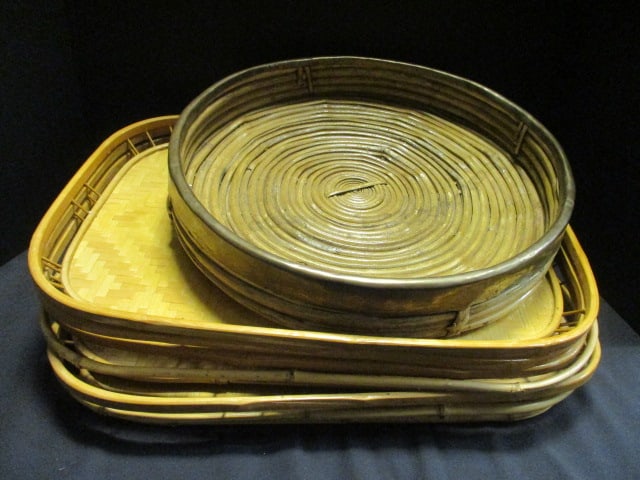 Vintage Coiled Rattan and Brass Round Tray and 6 Bamboo Wicker Serving Trays (1 of 7)