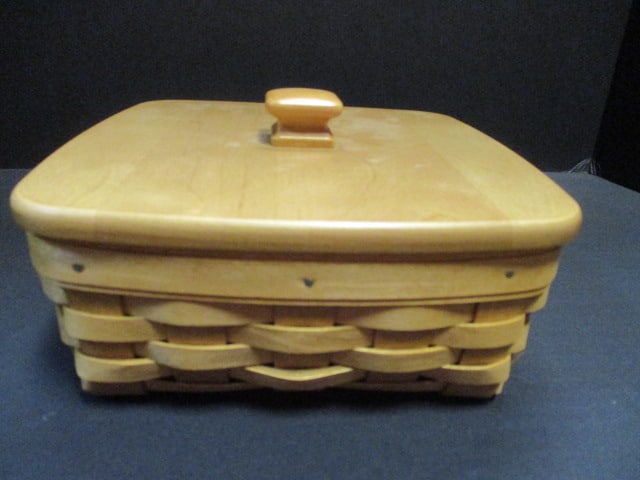 Longaberger Square Basket with Wood Lid, Plastic Insert, and Wood Games: 7 1/2" x 7 1/2" x 3 1/2", signed and dated