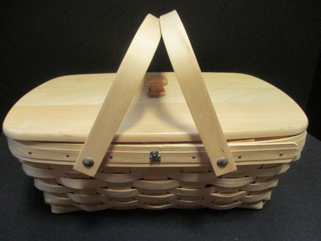 Longaberger Picnic Basket with Wood Lid, Plastic Insert, and Charm and: Small 2-Handle Basket, 7 3/4" x 5 3/4" x 3 1/2" and 12 1/2" x 8 1/2" x 5 1/4", signed and numbered