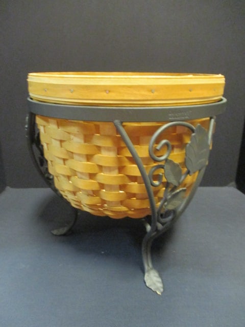 Longaberger Round Planter Basket with Metal Plant Stand - Signed and Dated (1 of 5)