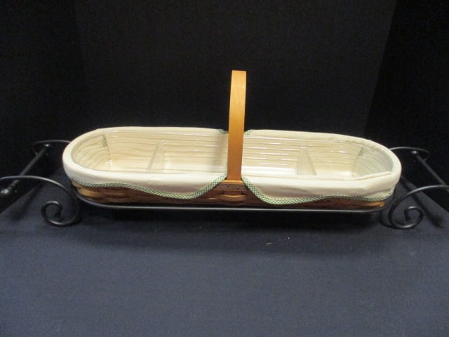 Longaberger Handle Bread Basket with Fabric and Plastic Inserts on Wrought: Iron Holder, 20" x 7" x 8 1/2" (to handle), signed and numbered