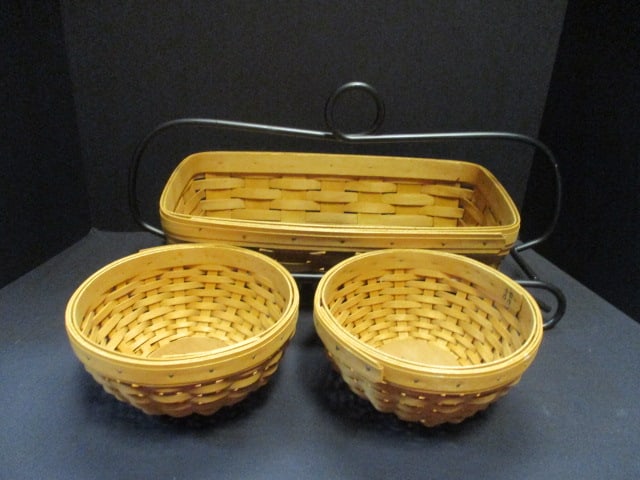 2 Longaberger Round Baskets and 1 Bread Basket with Wrought Iron Holder (1 of 7)