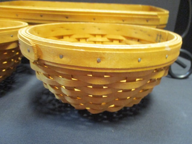 2 Longaberger Round Baskets and 1 Bread Basket with Wrought Iron Holder - 2