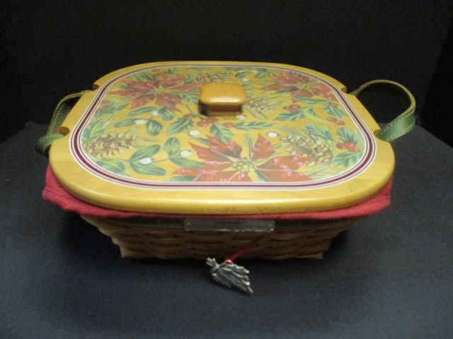 Longaberger "2005 Christmas Collection Silver Bells" Basket with Wood Lid: and Fabric and Plastic Inserts, 12" x 11 1/2" x 4 1/2", signed and numbered