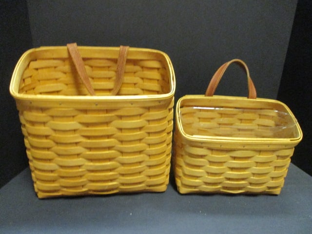 2 Longaberger Magazine/Book Baskets - Signed and Numbered: 9 1/4" x 8 1/2" and 11" x 11", one has plastic insert