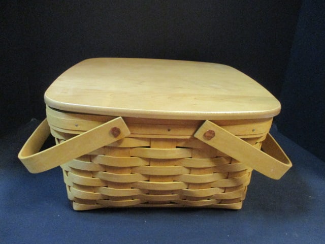 Longaberger Picnic Basket with Wood Lid and Wood Riser - Signed and Numbered: 12 1/4" x 12 1/4" x 6 3/4"