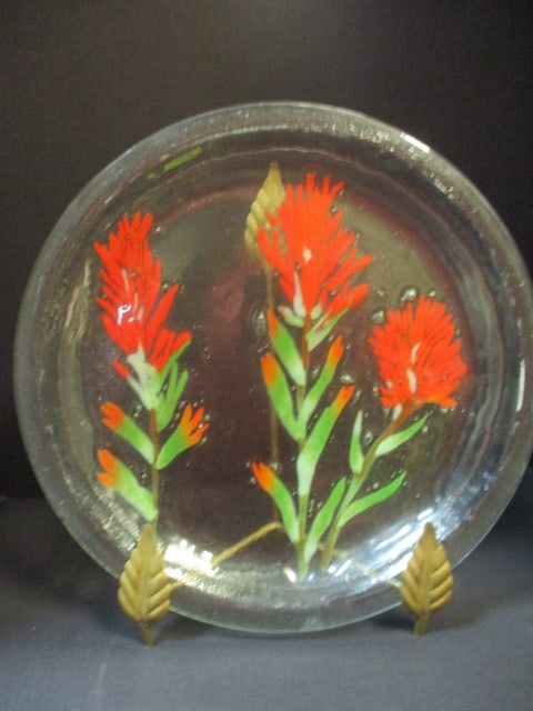 Handpainted Clear Art Glass Platter with Brass Stand (1 of 4)