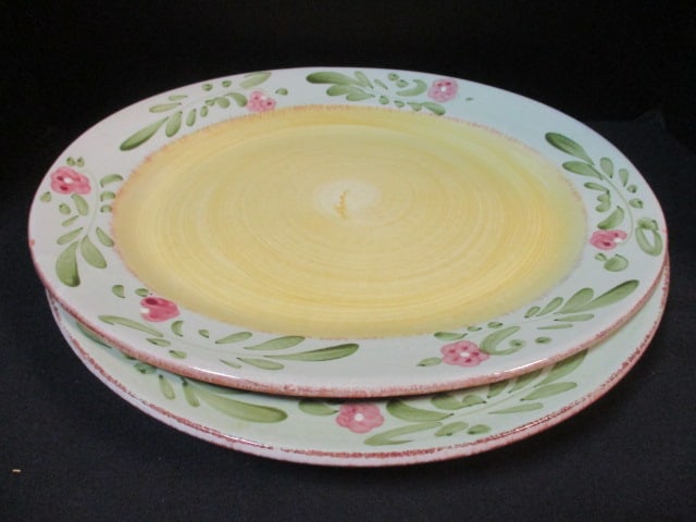 2 Home by Bizzarri (Italy) Handpainted Stoneware Pottery Serving Platters: 16" x 13 1/2" and 16" round, chips