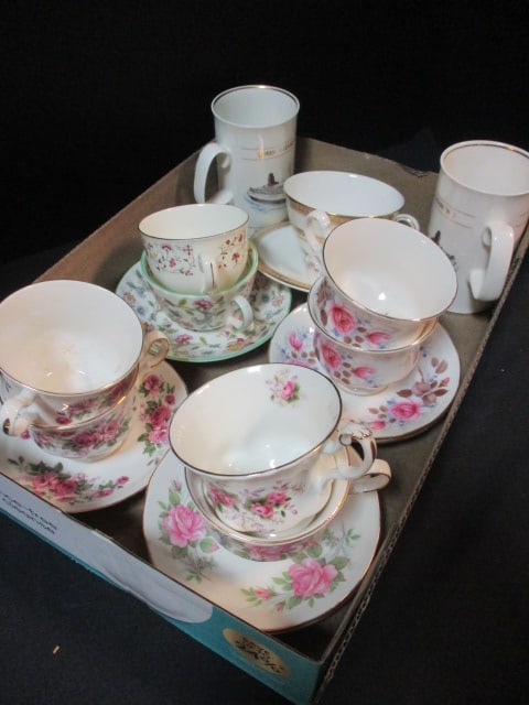 Grouping of Vintage English Bone China Cups and Saucers - Queen Anne,: Royal Albert, Minton, Ritz, etc., see pictures and preview for selection and condition
