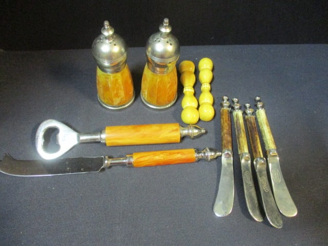 Vintage Amber Marble Salt & Pepper Shakers, Knife, and Corkscrew and: 4 Towle Stone Marble Cheese Knives with 2 Stoneware Pottery Knife Rests