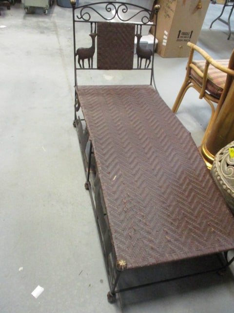 Animal Themed Woven Rattan and Wrought Iron Chaise Lounge Chair: 24" x 66" x 35", nicks and marks, Local Pickup Only