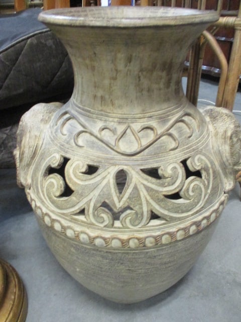 Vintage Carved Elephant Heads Earthenware Floor Vase: 30"