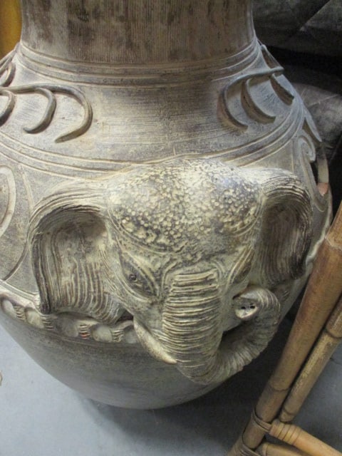 Vintage Carved Elephant Heads Earthenware Floor Vase - 2