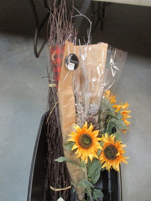 Natural Twigs, Birch Bouquet, and Artificial Sunflowers in Plastic Storage Bin (1 of 4)