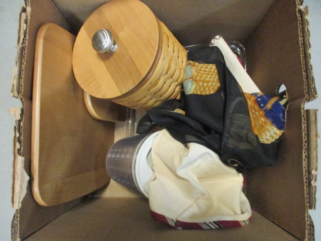 Lot of Longaberger Canister, Fabric and Plastic Inserts, Wood Lids, Scarf, etc.: see pictures and preview for selection and condition