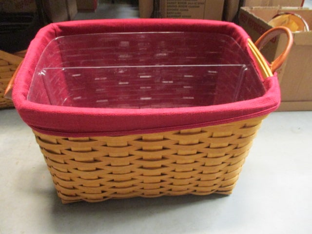 Longaberger Large 2-Leather Handle Basket with Fabric and Divided Plastic Liner: 16 1/2" x 11" x 10 1/2", signed and dated