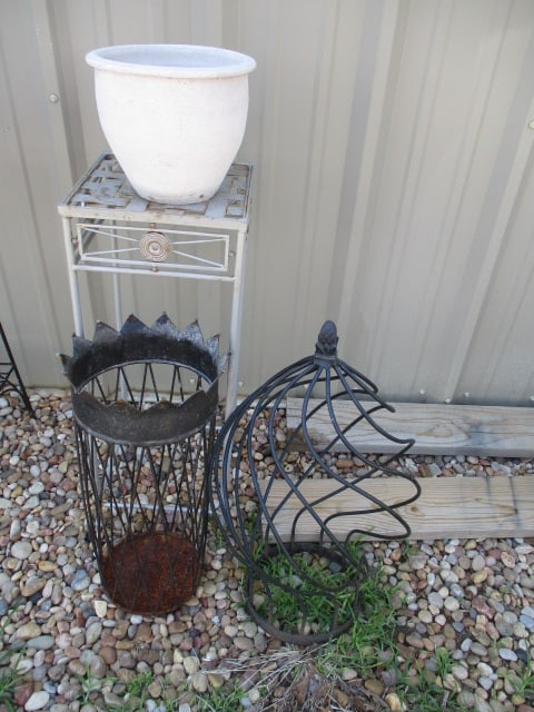 Garden Lot - Stoneware Pottery Pot, Metal Plant Stand, and 2 Metal Garden Obelisks (1 of 6)