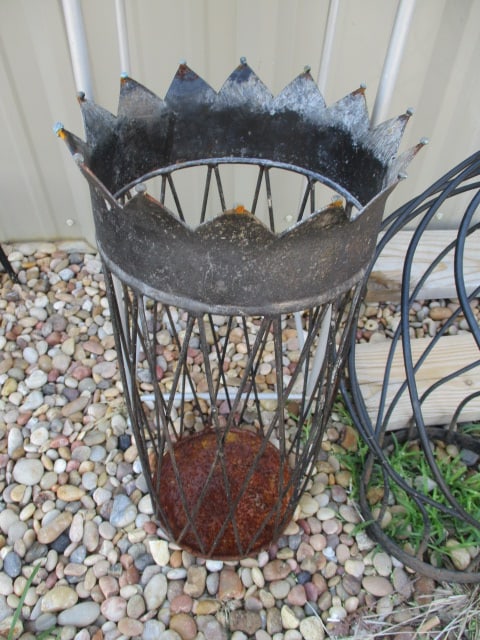Garden Lot - Stoneware Pottery Pot, Metal Plant Stand, and 2 Metal Garden Obelisks - 3