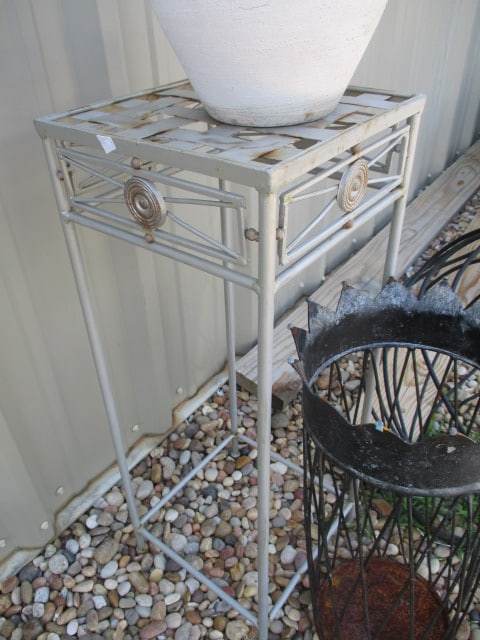 Garden Lot - Stoneware Pottery Pot, Metal Plant Stand, and 2 Metal Garden Obelisks - 6
