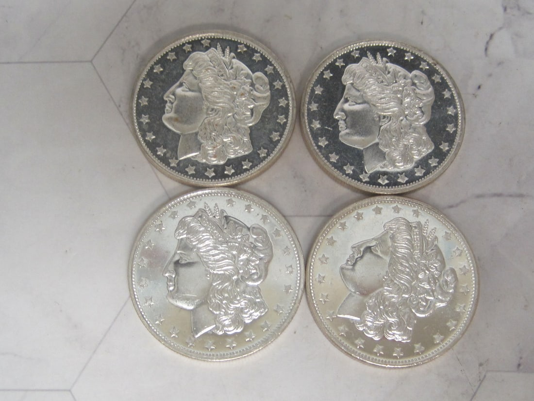 Lot of 4 One Troy Oz. .999 Fine Silver Rounds: .