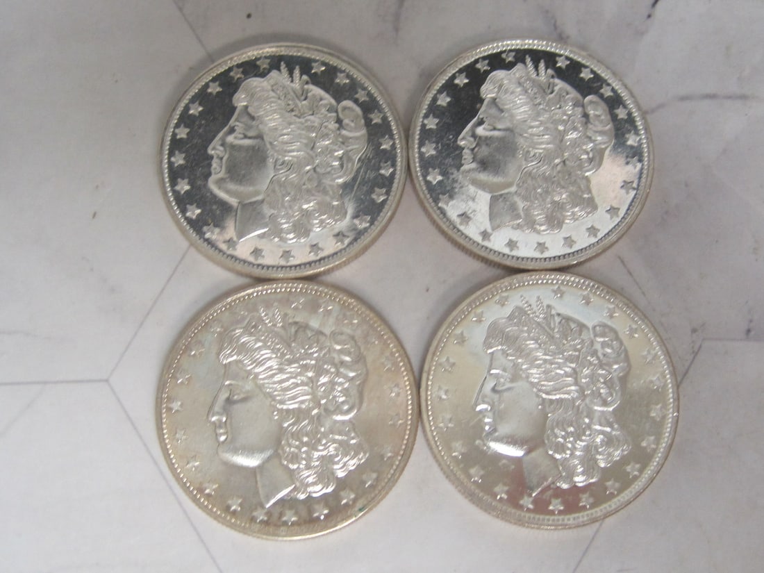 Lot of 4 One Troy Oz. .999 Fine Silver Rounds: .