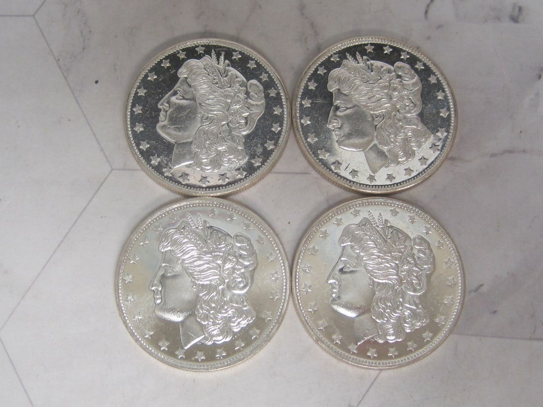 Lot of 4 One Troy Oz. .999 Fine Silver Rounds: .