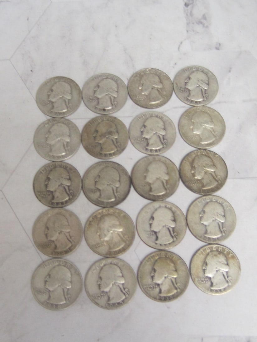 Lot of 20 Pre-1965 Silver Quarters: Assorted Dates