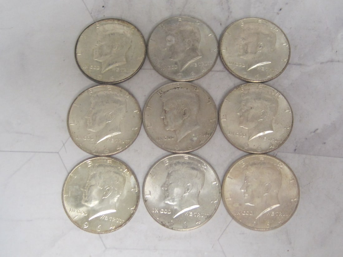 Lot of 9 1964 Kennedy Half Dollars (1 of 4)