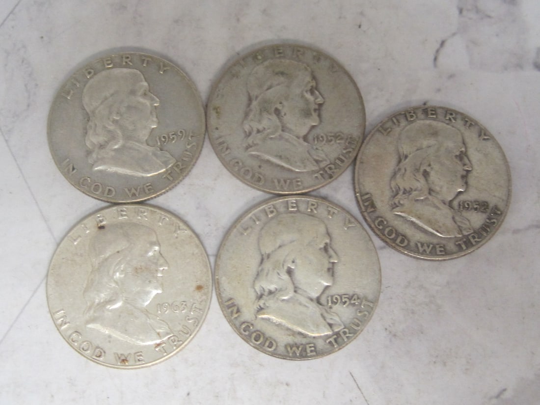 Lot of 5 Franklin Half Dollars: .