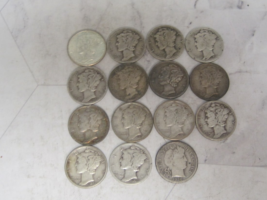 Lot of 14 Mercury Dimes & 1 Barber Dime (1 of 4)