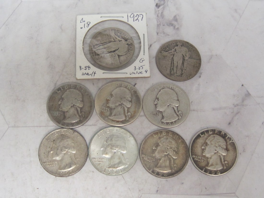 Lot of 7 Pre-1965 Silver Washington Quarters & 2 Standing Liberty Quarters: .