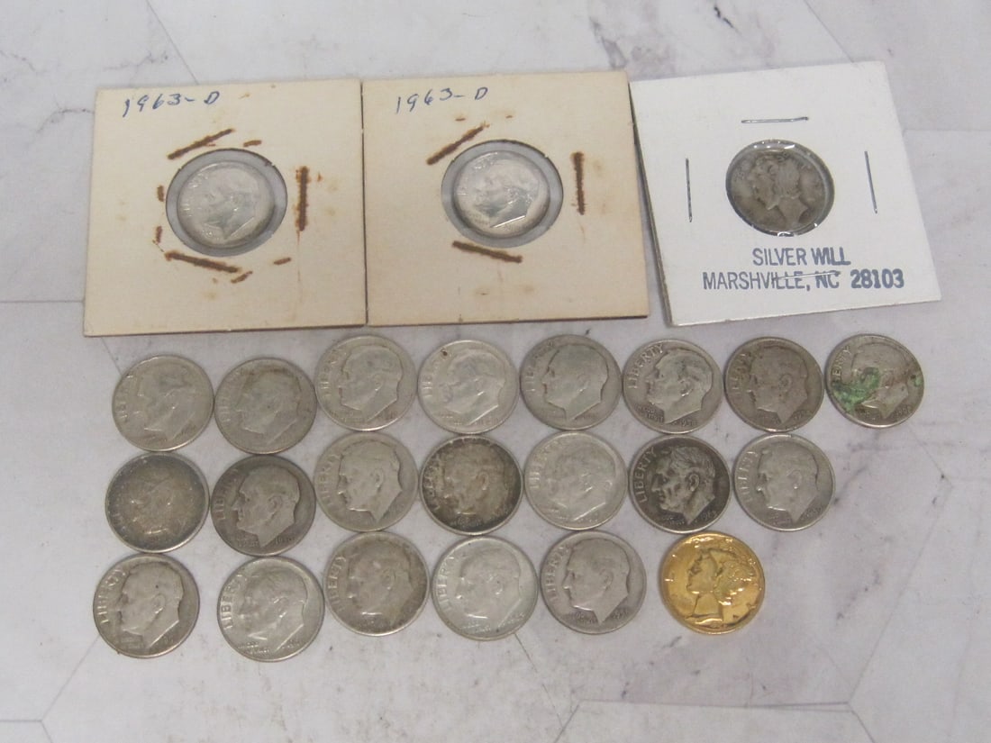 Lot of 2 Mercury Dimes & 22 Pre-1965 Silver Dimes (1 of 5)