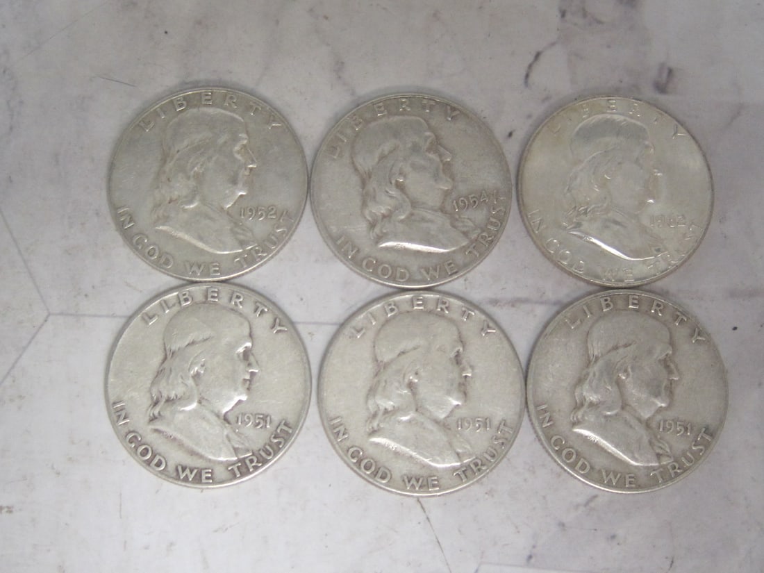 Lot of 6 Franklin Half Dollars: .