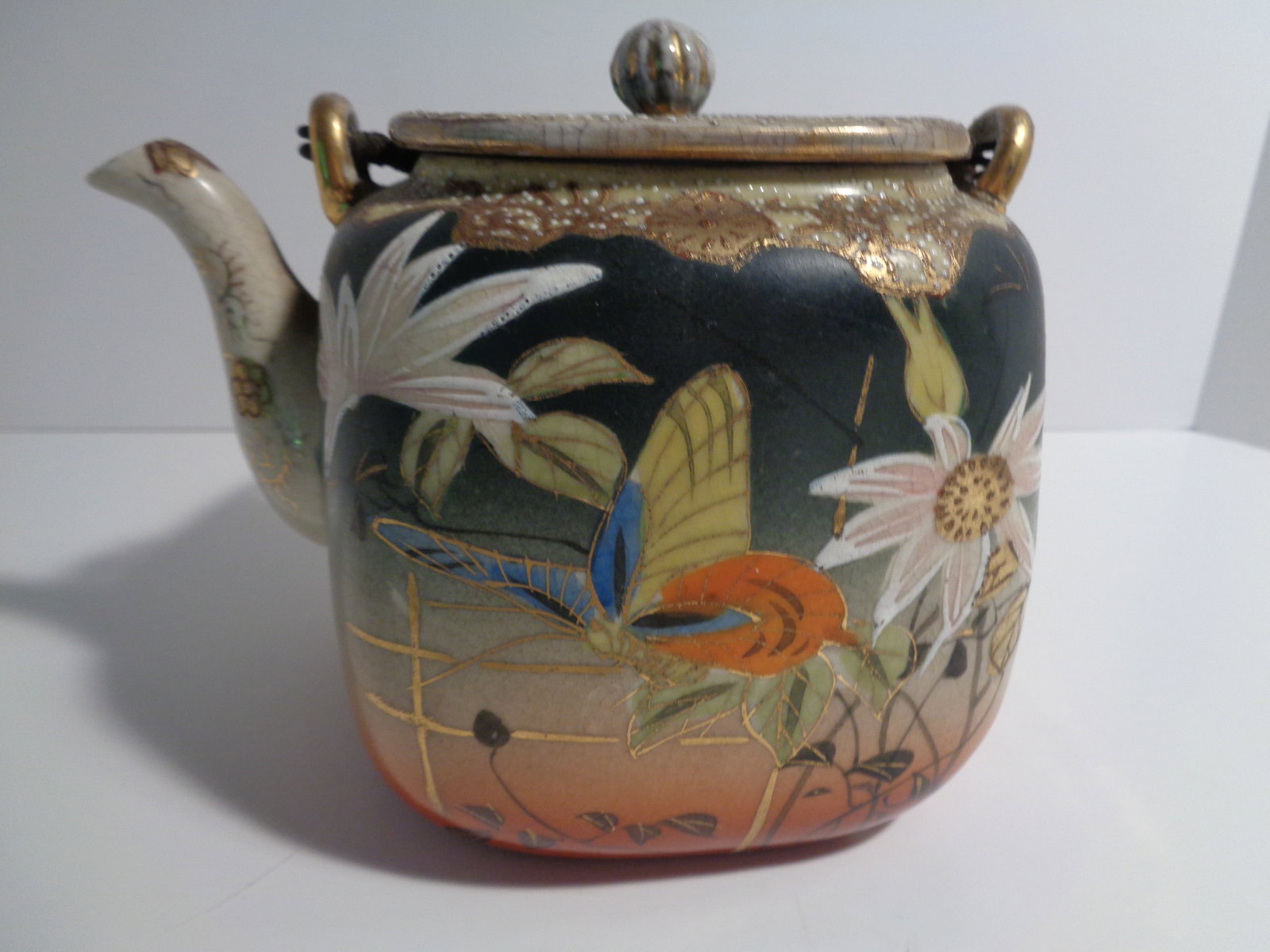 Vintage Japanese Satsuma Style Moriage Minature Teapot: 4 1/2 inches, some damage, see photos