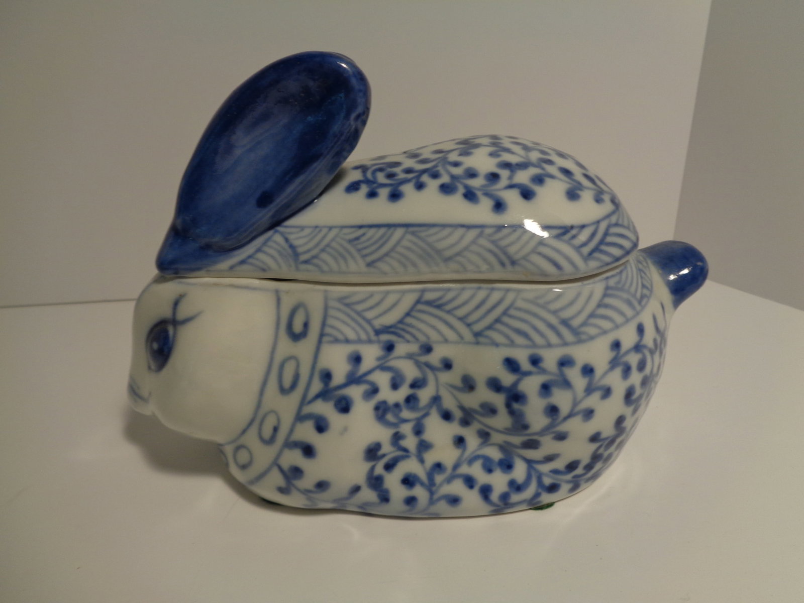 Blue & White ceramic Covered Rabbit trinket Box: 5 inches