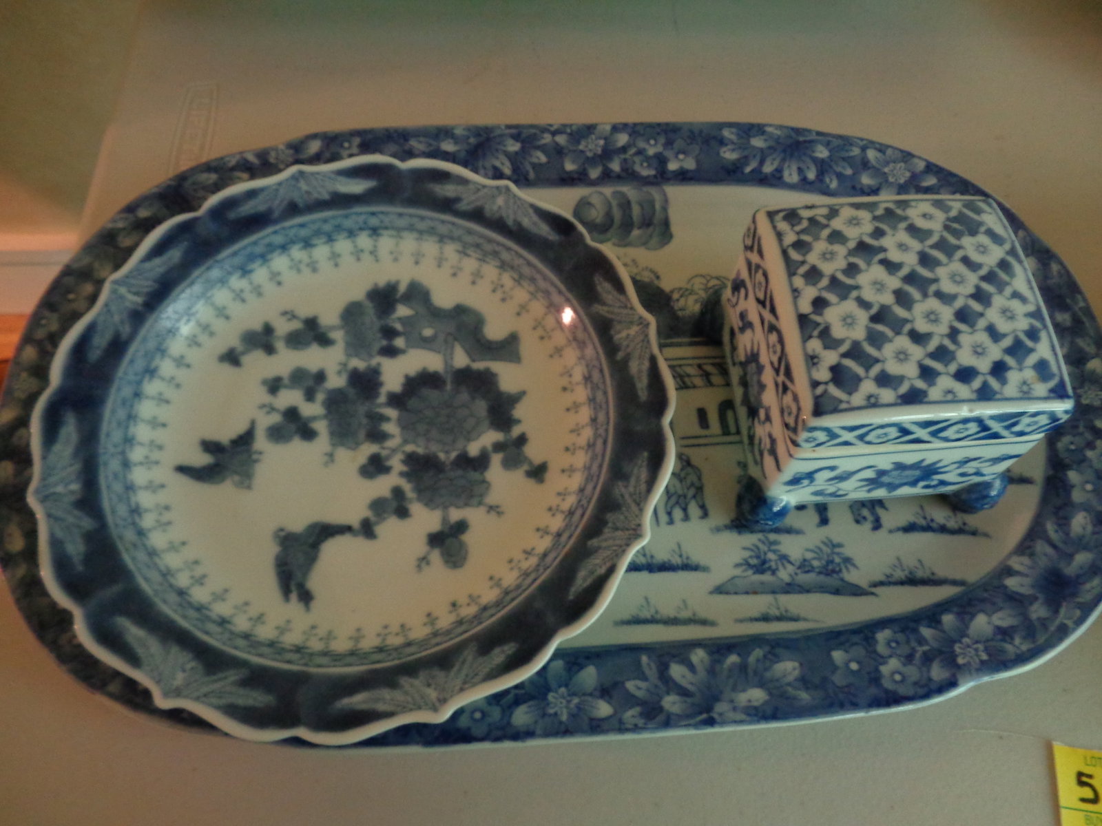 Blue & White Lot: Trinket Box, Platter, Dish