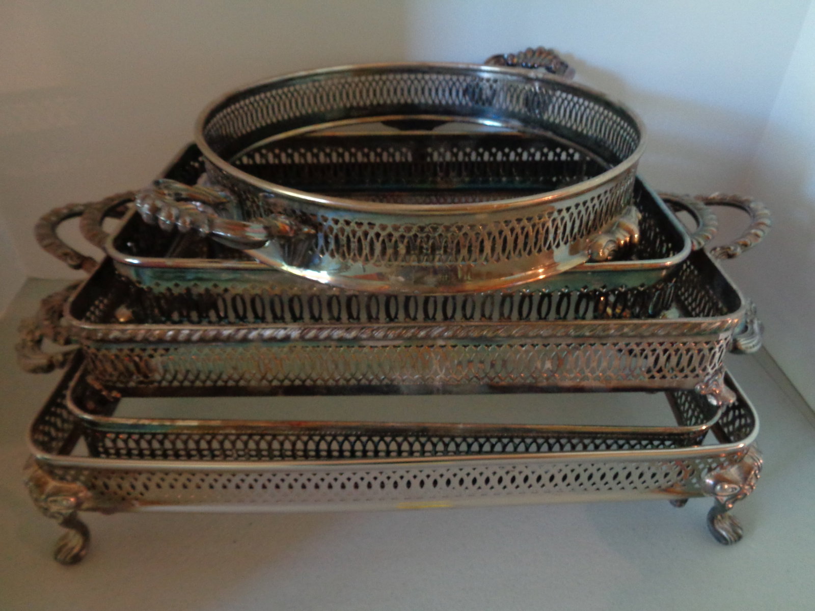 Assorted Silver Plate Galley Trays: some tarnished