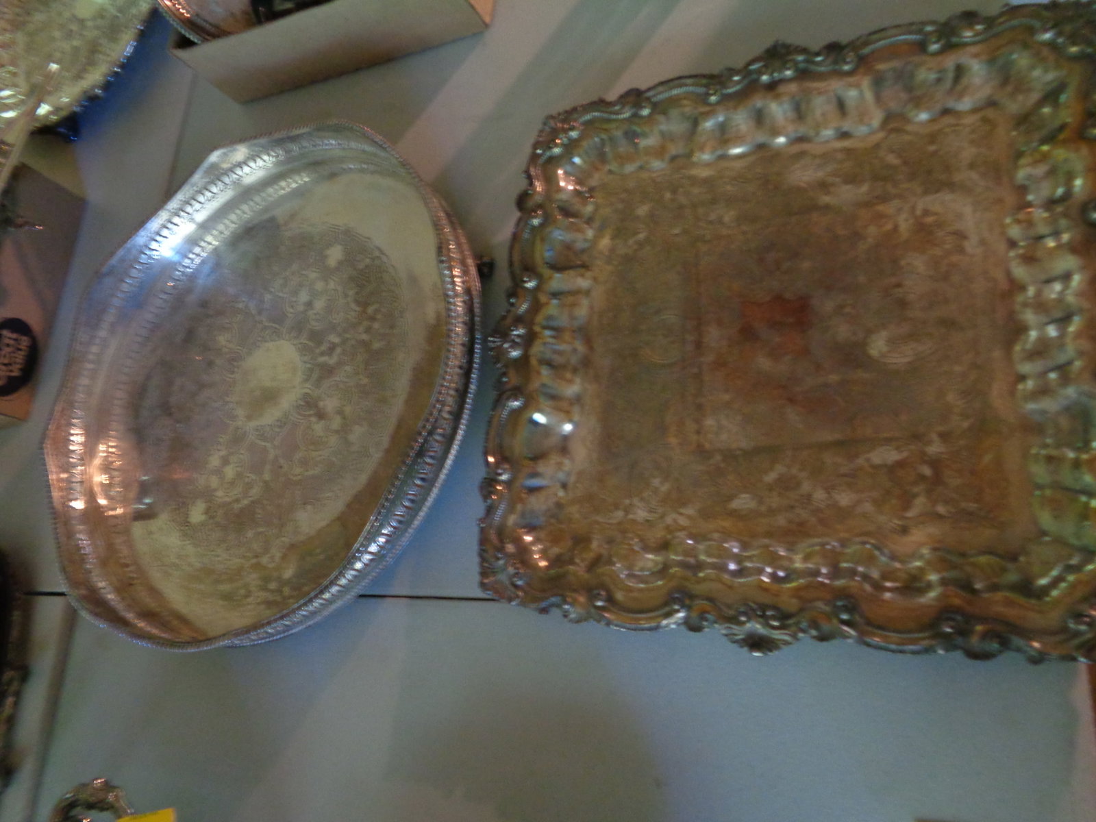 Large Silver Plate Trays Engraved Decorations Footed: .