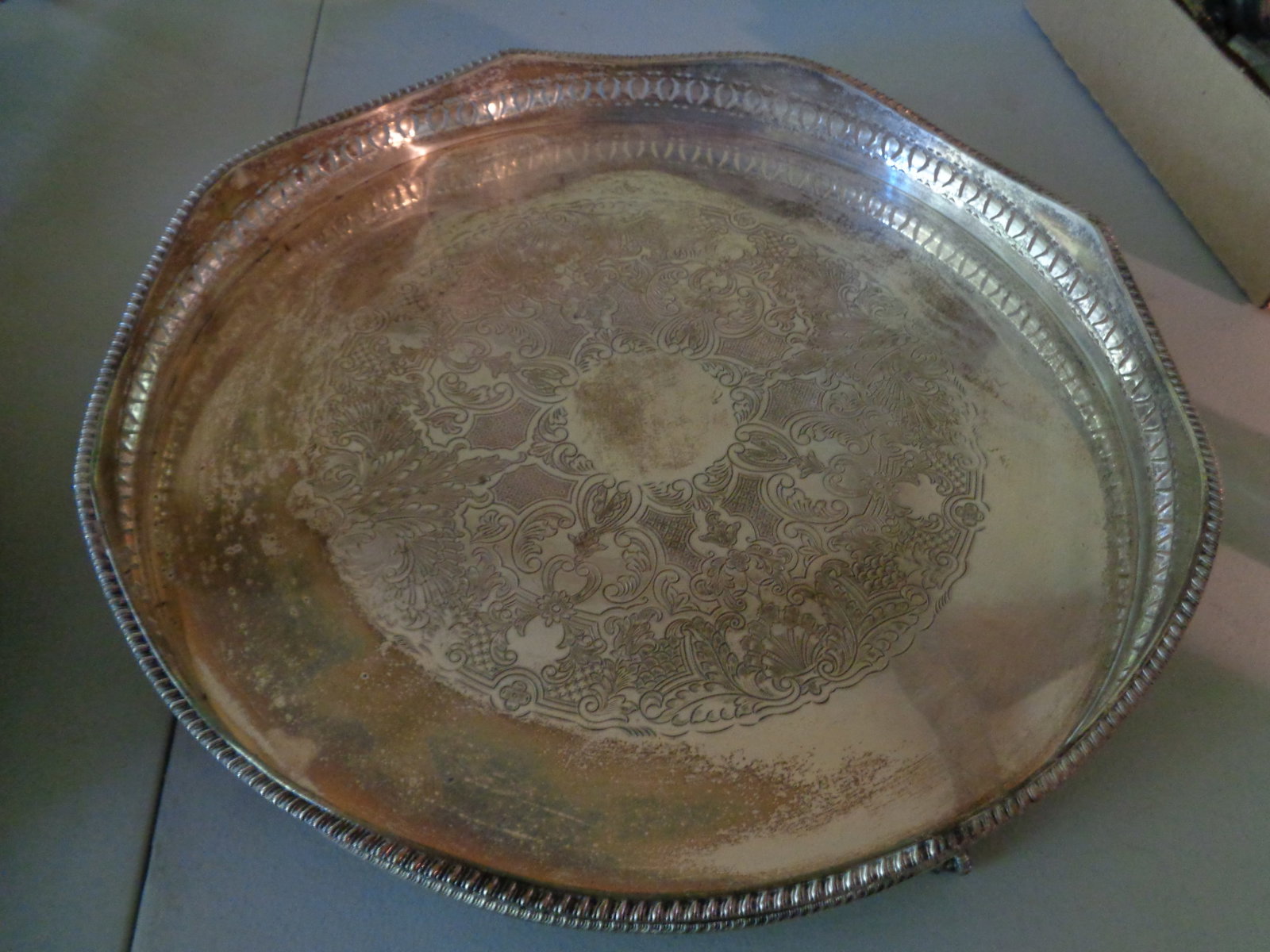 Large Silver Plate Trays Engraved Decorations Footed - 3
